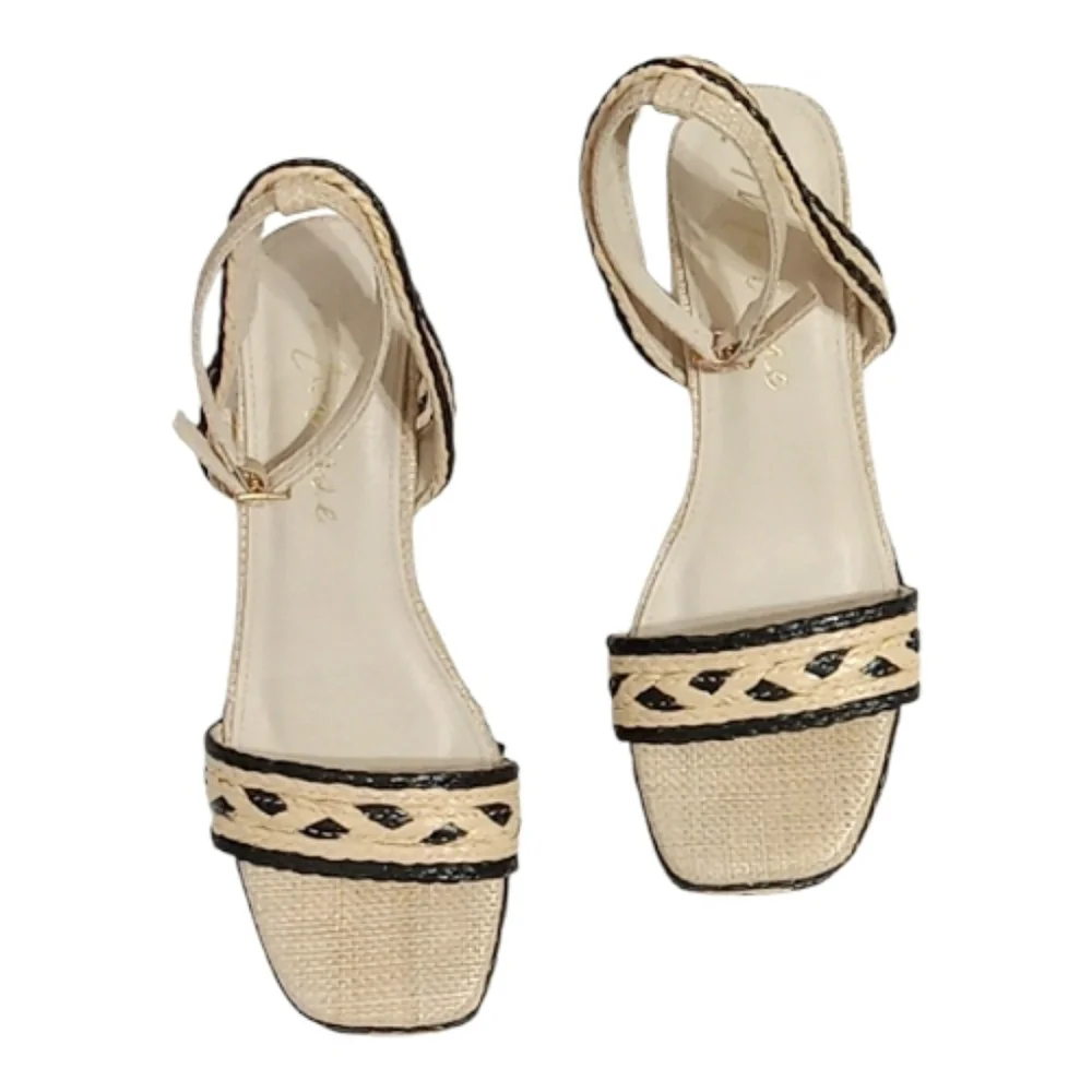 Matisse Lyla Woven Raffia Platform Sandals Natural/Black Block Heel Sz 8